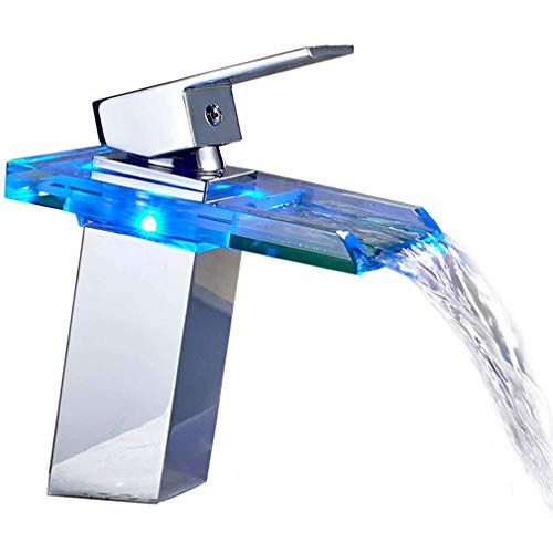 Auralum® Waschtischarmatur, Messing (verchromt) und Glas, LED (RGB), Wasserfall-Design, für...